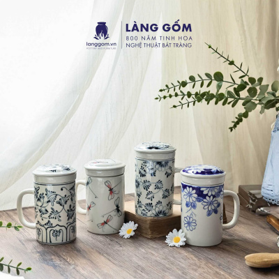 Cốc lọc trà có nắp họa tiết vẽ tay
