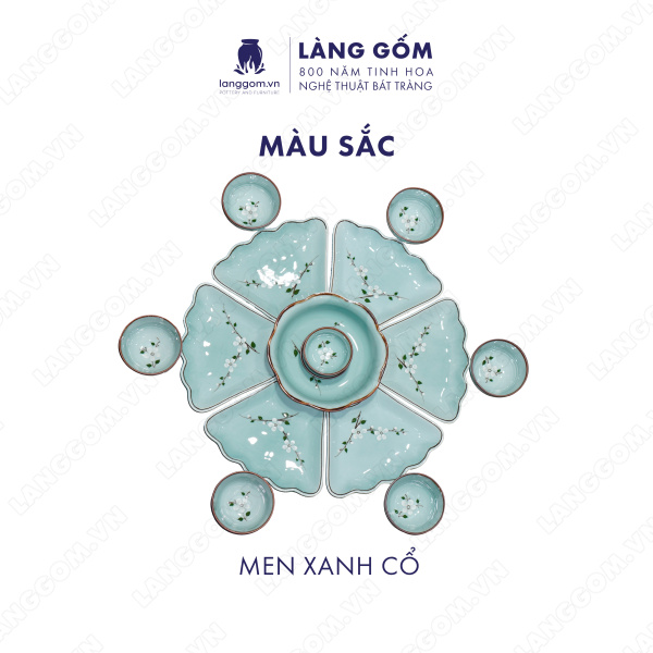Bộ bàn ăn mặt trời men xanh cổ hoa đào 