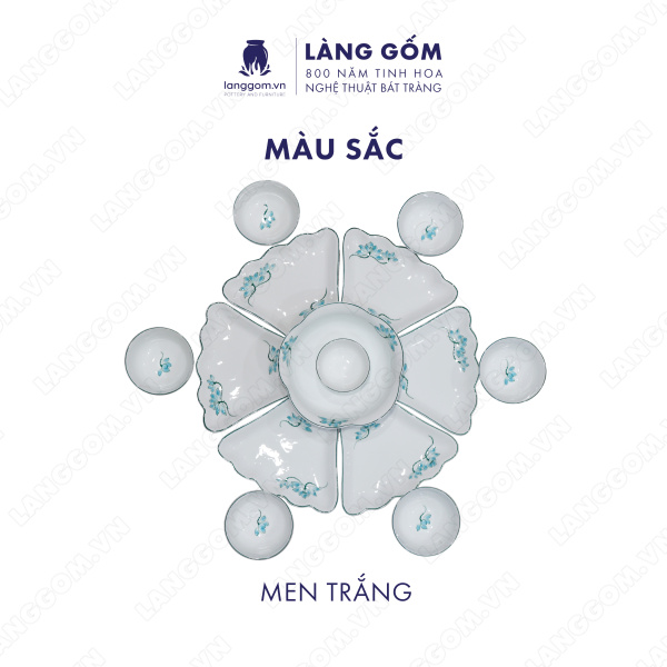 Bộ bàn ăn mặt trời men trắng vẽ hoa sen xanh 