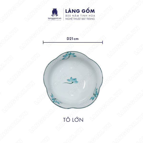 Bộ bàn ăn mặt trời men trắng vẽ hoa sen xanh 