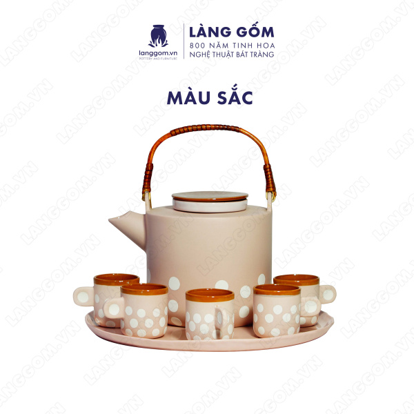 Bộ ấm chén màu hồng chấm bi