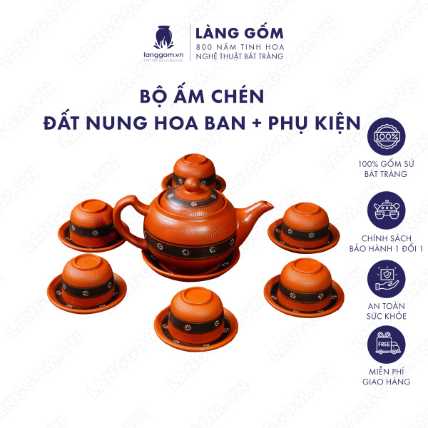 Bộ ấm chén và bộ phụ kiện men mộc hoa ban 
