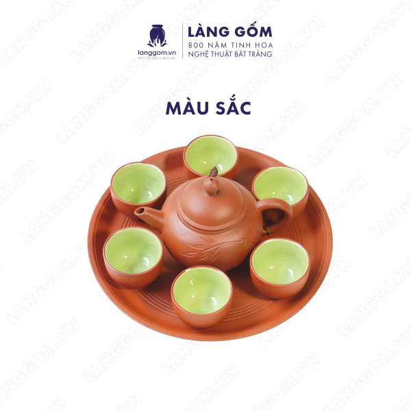 Bộ ấm chén khắc trúc nhỏ men mộc kèm khay tròn và đĩa tách