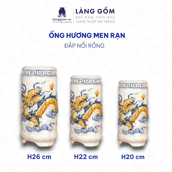 Ống hương, lọ đựng hương, ống cắm hương, ống đựng nhang chân bằng, Men rạn đắp nổi sen, rồng