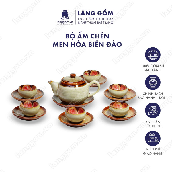 Bộ ấm chén Men hỏa biến đào - Gốm sứ Bát Tràng 