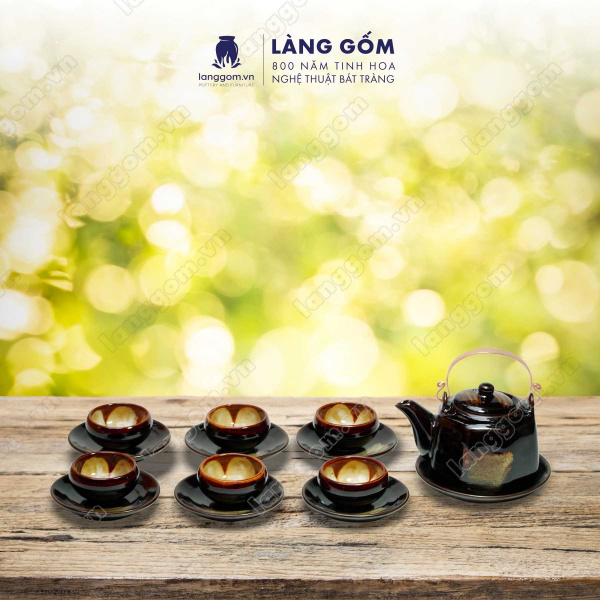Bộ ấm chén uống trà men hỏa biến cao cấp, dáng bát giác 8 cạnh thanh lịch - Dung tích 430ml - Gốm sứ Bát Tràng