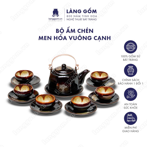 Bộ ấm chén uống trà men hỏa biến cao cấp, dáng bát giác 8 cạnh thanh lịch - Dung tích 430ml - Gốm sứ Bát Tràng