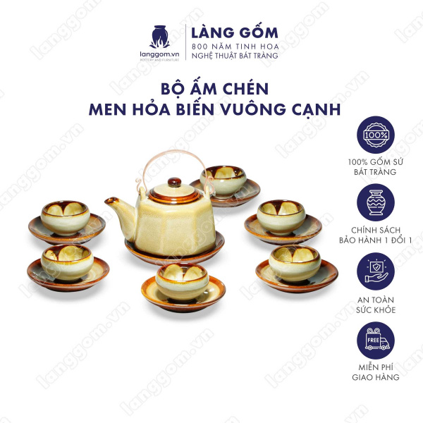 Bộ ấm chén uống trà men hỏa biến cao cấp, dáng bát giác 8 cạnh thanh lịch - Dung tích 430ml - Gốm sứ Bát Tràng