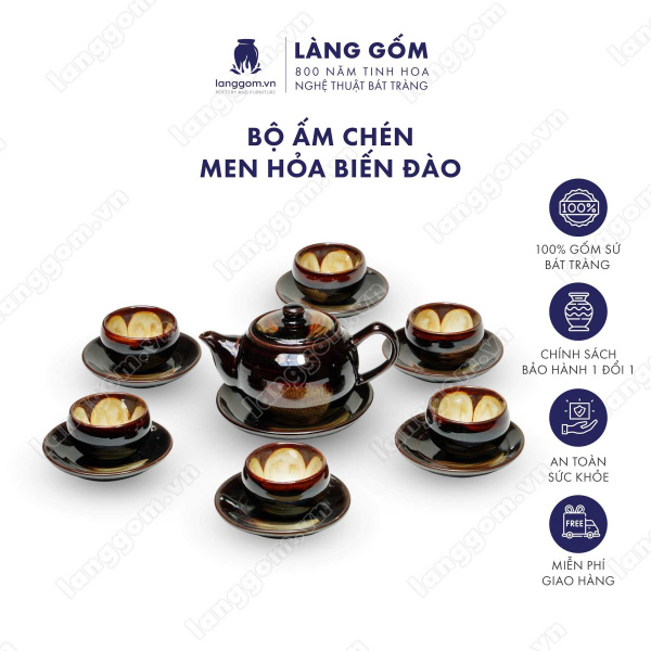 Bộ ấm chén Men hỏa biến đào - Gốm sứ Bát Tràng 