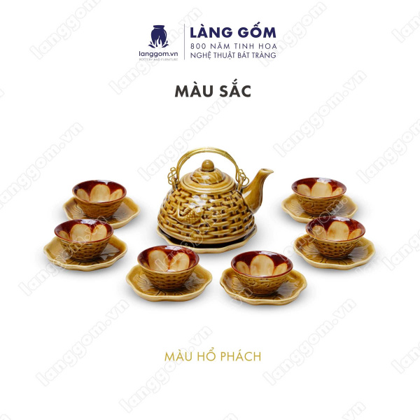 Bộ ấm chén Men hỏa biến giỏ cá màu hổ phách - Gốm sứ Bát Tràng 