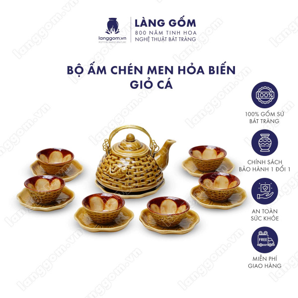 Bộ ấm chén Men hỏa biến giỏ cá - Gốm sứ Bát Tràng