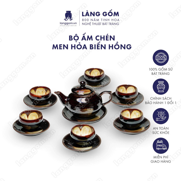Bộ ấm chén Men hỏa biến hồng - Gốm sứ Bát Tràng