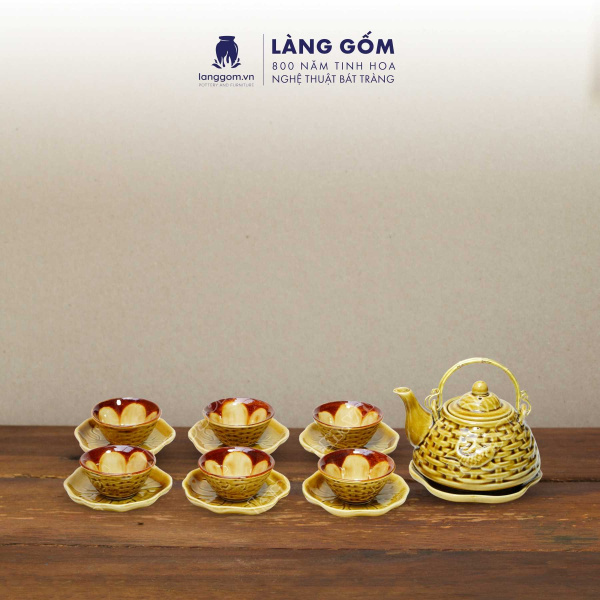 Bộ ấm chén Men hỏa biến giỏ cá màu hổ phách - Gốm sứ Bát Tràng 