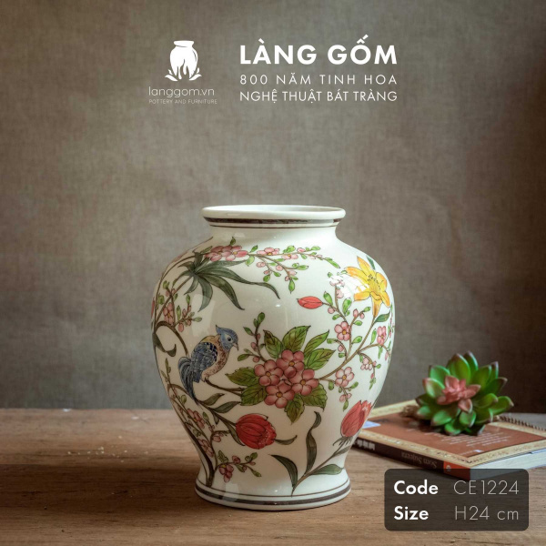 Lọ hoa vẽ tay men màu họa tiết hoa đào