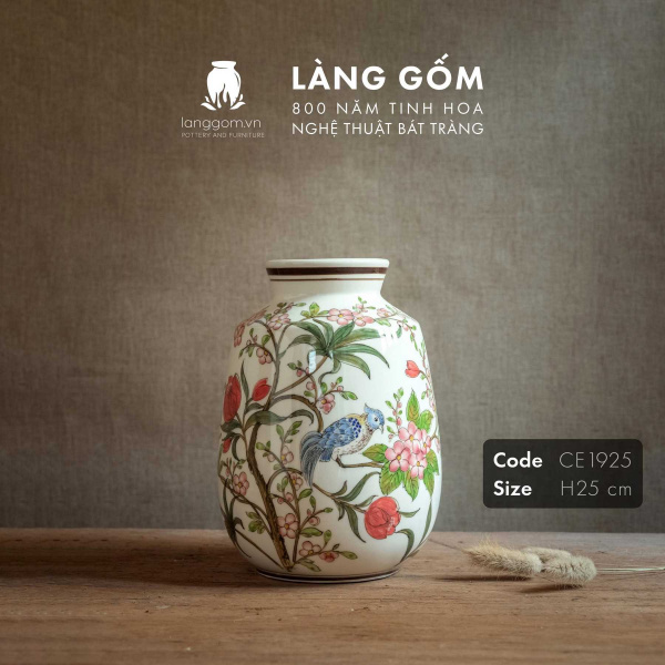 Lọ hoa vẽ tay men màu họa tiết hoa đào