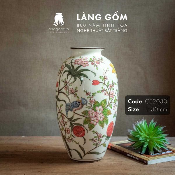 Lọ hoa vẽ tay men màu họa tiết hoa đào