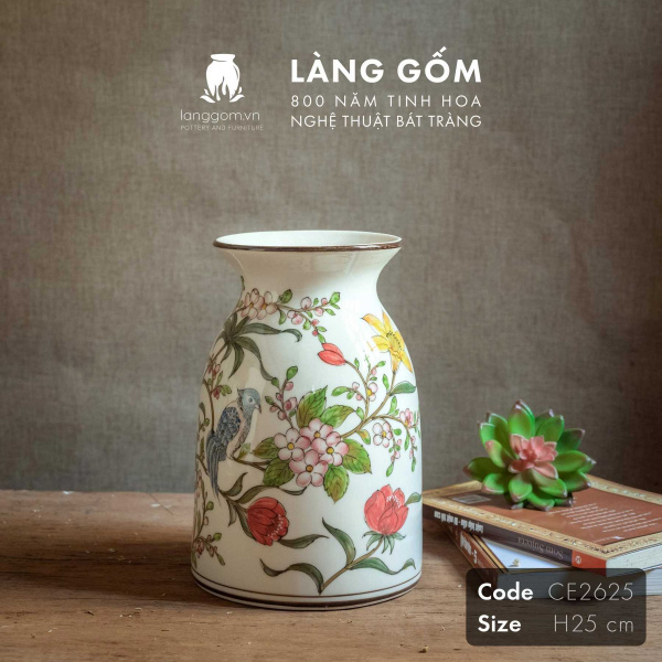 Lọ hoa vẽ tay men màu họa tiết hoa đào