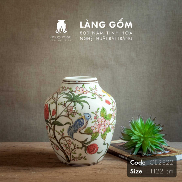 Lọ hoa vẽ tay men màu họa tiết hoa đào