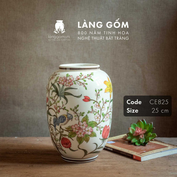 Lọ hoa vẽ tay men màu họa tiết hoa đào