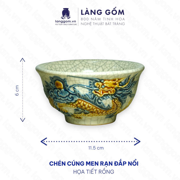 Bát cơm cúng, chén cúng cơm, bộ bát đĩa thắp hương men rạn đắp nổi Sen, Rồng tinh xảo