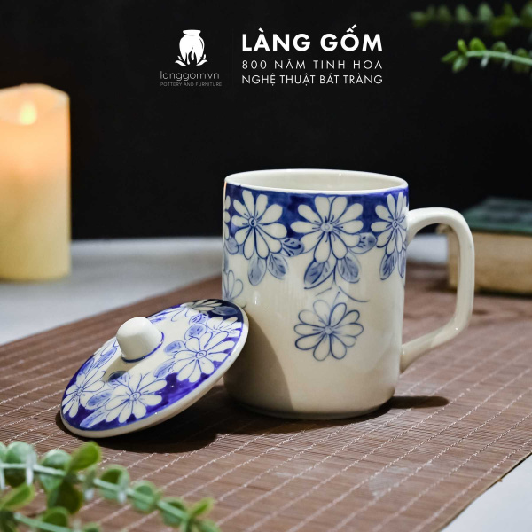 Cốc uống trà có nắp họa tiết vẽ tay