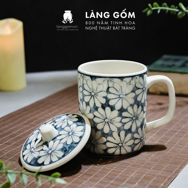Cốc uống trà có nắp họa tiết vẽ tay