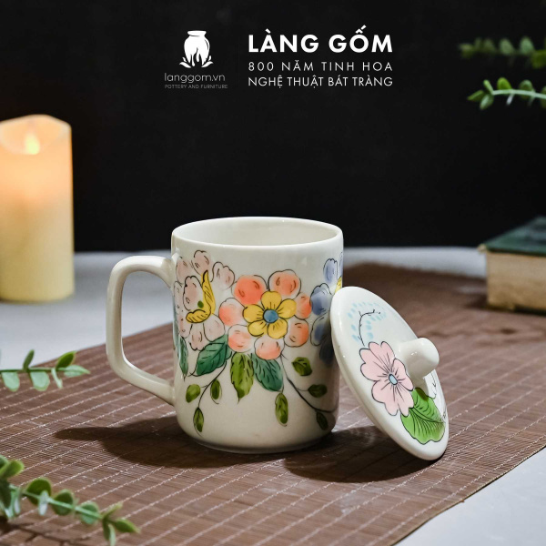 Cốc uống trà có nắp họa tiết vẽ tay