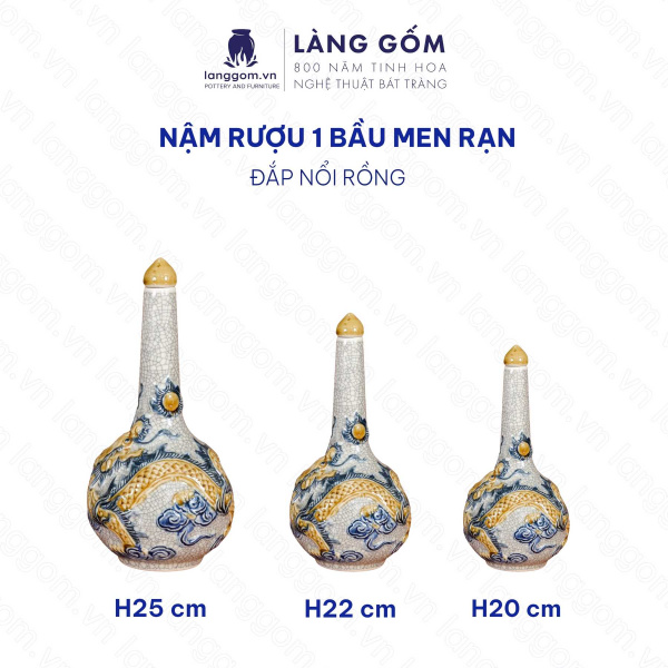 Nậm Rượu 1 Bầu Men Rạn Đắp Nổi Họa Tiết Sen, Rồng