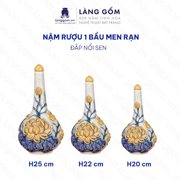 Nậm Rượu 1 Bầu Men Rạn Đắp Nổi Họa Tiết Sen, Rồng