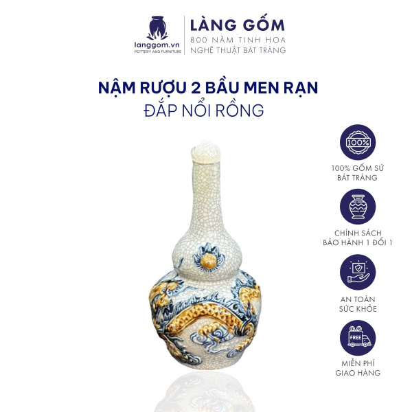 Nậm Rượu 2 Bầu Men Rạn Đắp Nổi Họa Tiết Sen, Rồng