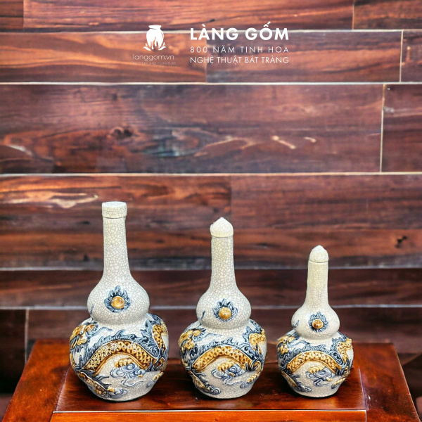 Nậm Rượu 2 Bầu Men Rạn Đắp Nổi Họa Tiết Sen, Rồng