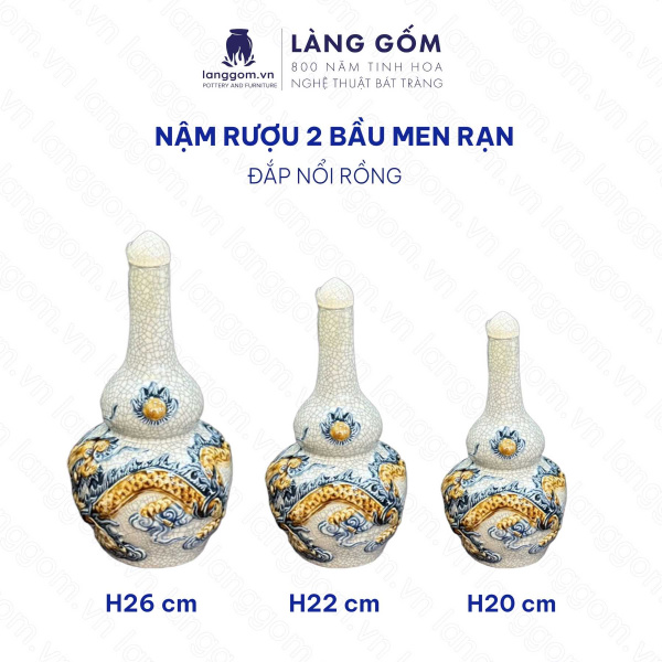 Nậm Rượu 2 Bầu Men Rạn Đắp Nổi Họa Tiết Sen, Rồng