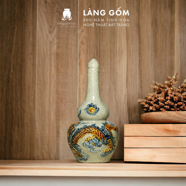Nậm Rượu 2 Bầu Men Rạn Đắp Nổi Họa Tiết Sen, Rồng