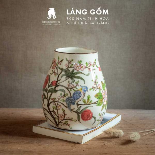 Lọ hoa vẽ tay men màu họa tiết hoa đào