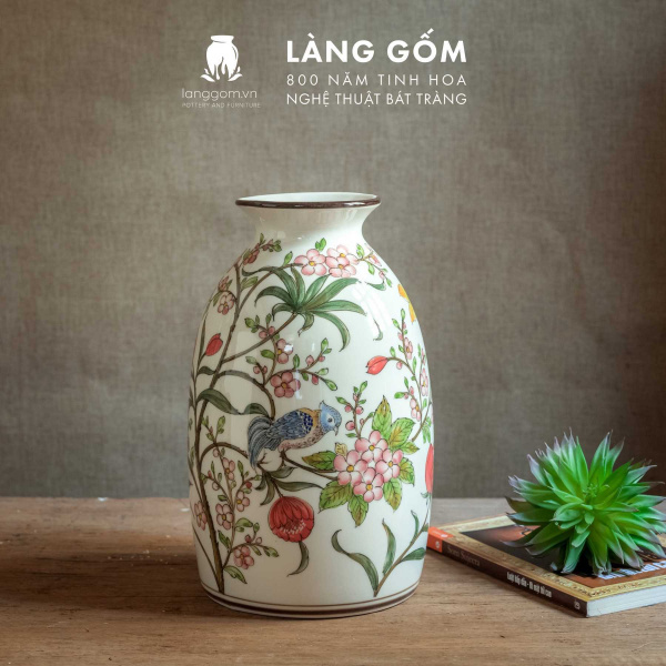 Lọ hoa vẽ tay men màu họa tiết hoa đào