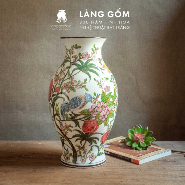 Lọ hoa vẽ tay men màu họa tiết hoa đào