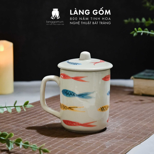 Cốc uống trà có nắp họa tiết vẽ tay
