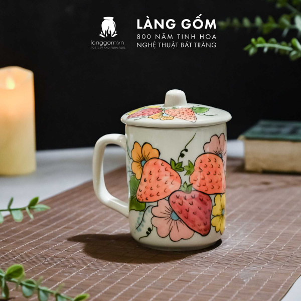 Cốc uống trà có nắp họa tiết vẽ tay