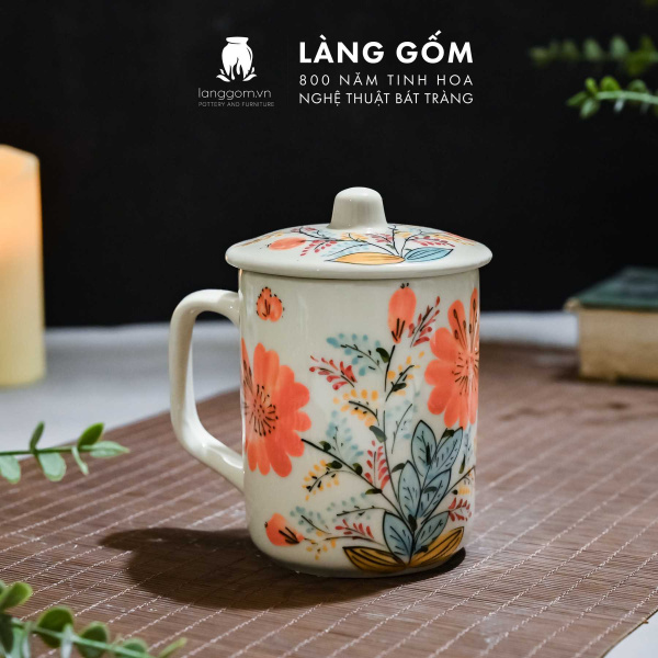 Cốc uống trà có nắp họa tiết vẽ tay
