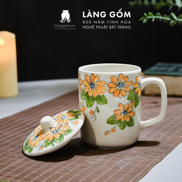 Cốc uống trà có nắp họa tiết vẽ tay