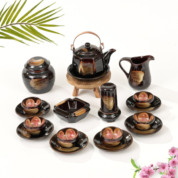 Bộ ấm chén uống trà men hỏa biến cao cấp, dáng bát giác 8 cạnh thanh lịch - Dung tích 430ml - Gốm sứ Bát Tràng